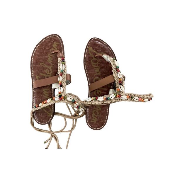 Sam Edelman Womens Tan Cream Leather Boho Gerome Beaded Seashell Sandal Size 7 - Picture 9 of 9